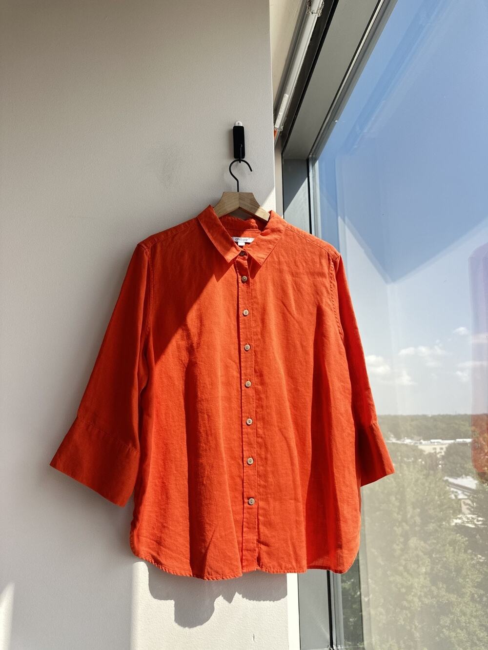 Chico's 100% Linen Orange Classic Button-Down 3/4 Sleeves Sz 16
